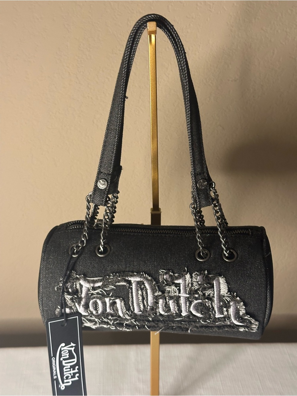 Von Dutch Black Barrel Mini Shoulder Bag with Silver Embroidered Logo